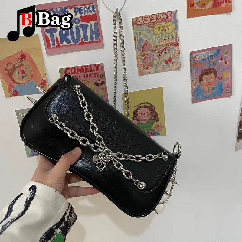 Y2K Harajuku Women Girl punk Rivet metal chain single shoulder underarm Bags Handbags Female PU Leather messenger bag tote