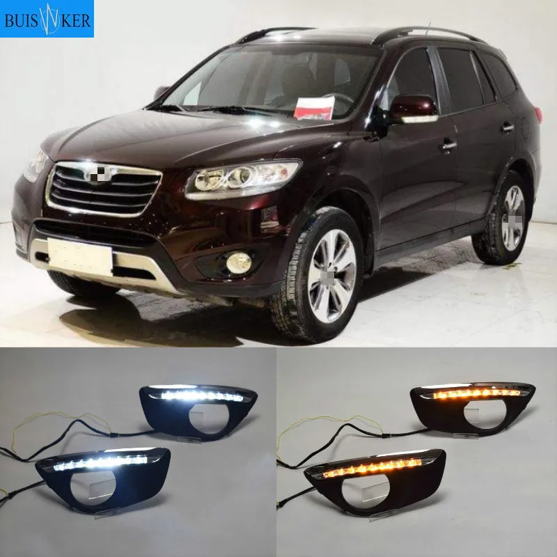 

For Hyundai Santa Fe SantaFe 2010 2011 2012 Daytime Running Light DRL LED Fog Lamp Cover With Yellow Turning Signal Functions