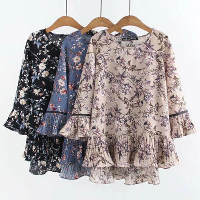 Chiffon Elegant Womens Blouses Summer Tops For Women Ruffle Tunic Floral Blouse Female Clothes Loose Casual 5XL V2183