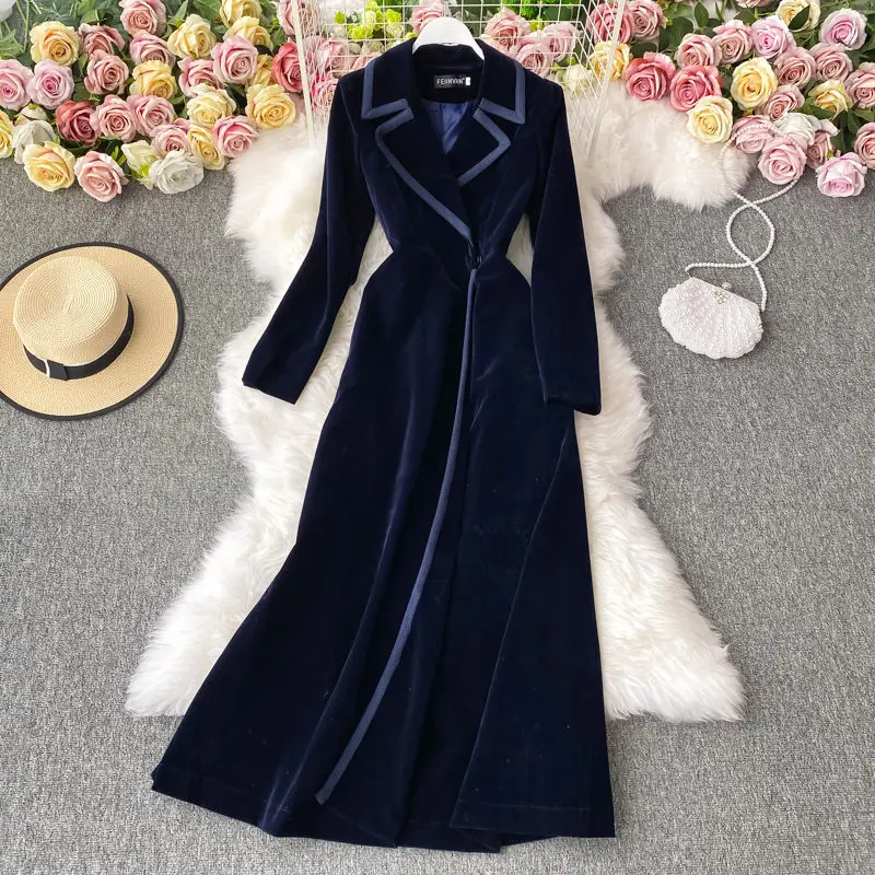 Autumn And Winter Black Velvet Blazer Dress Long Over The Knee Fashion Temperament Maxi Windbreaker Jacket Women Slim Coat M1180