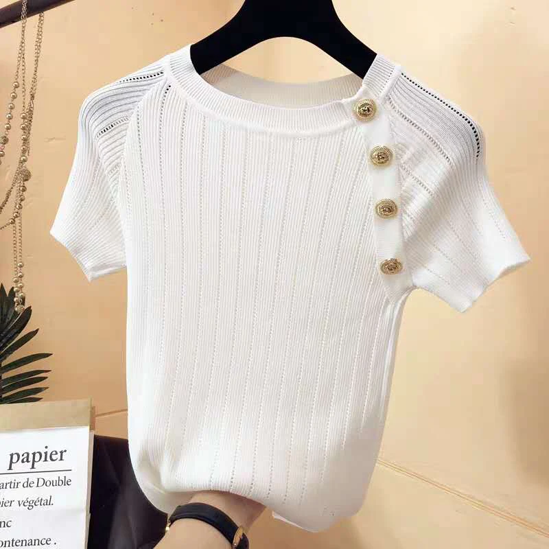 shintimes Tee Shirt Femme Hollow Out T Shirt Women Knitted Tshirt Summer Tops Woman Short Sleeve Button T-Shirt Female Clothes