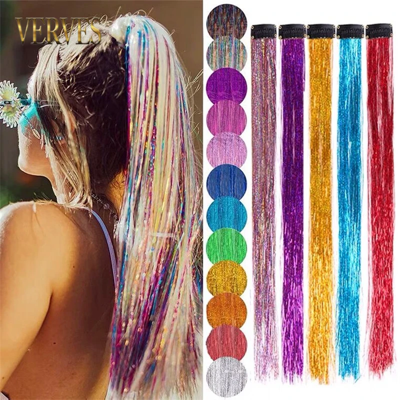 Clip-In One Piece Synthetic Hair Extensions Sparkle Shiny Fake Hair Women Hippie for Braiding Headdress Tinsel Rainbow Dazzles