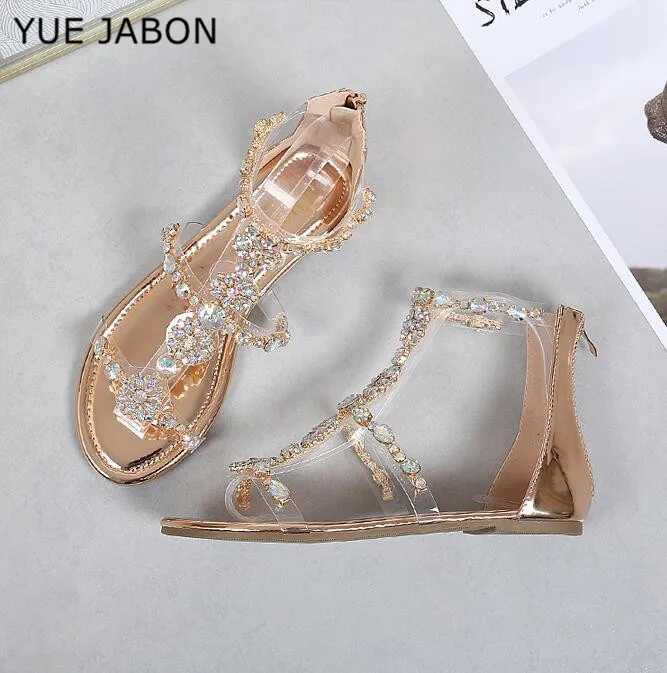 Gladiator Bohemian Sandals Women Crystal Summer Shoes Women Flat Sandals Flip Flops sandalias mujer Gold Blue Summer Ankle Boots