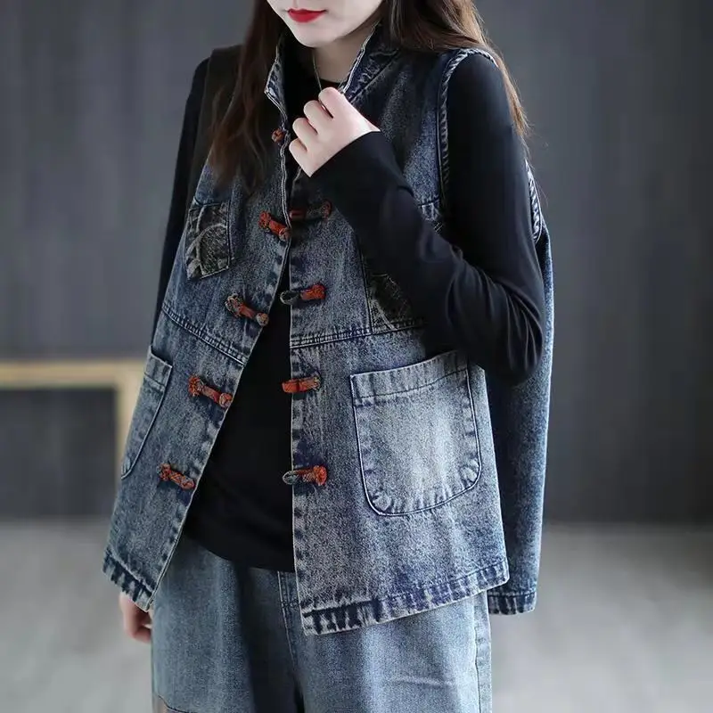 Denim Waistcoat National Style Disc Buckle Vest Literature and Art Retro Large Size Outwear Coat Sleeveless