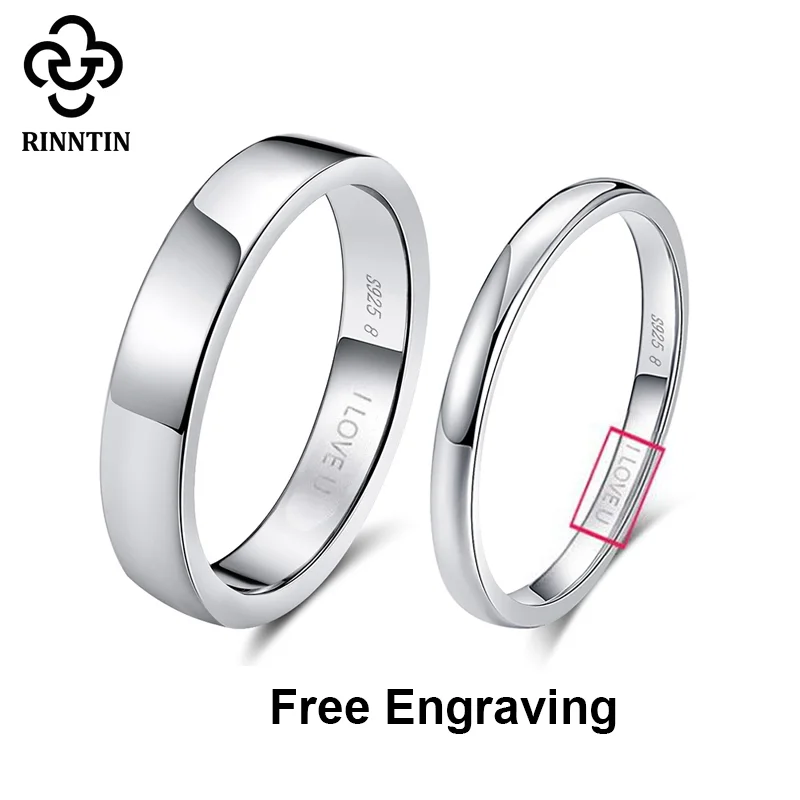 Rinntin 925 Sterling Silver Simple Couple Ring Lovers\' Geometric Wedding Engagement Rings Fine Jewelry Engrave Words TSRC1