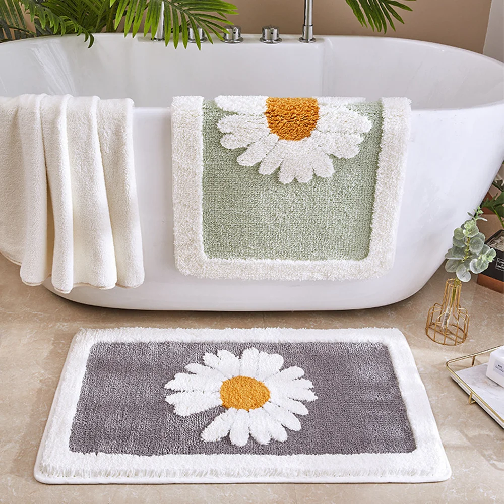 Soft Bath Mat Bathroom Non-Slip Rug Daisy Flower Kitchen Hallway Absorbent Microfiber Mat Anti-fall Doorway Floor Toilet Mat