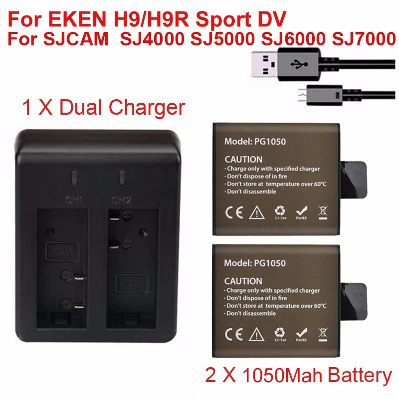 4pcs 1050mAh Camera Battery+ Dual Charger For EKEN H9 H9R H3 H3R H8PRO H8R SJ4000 SJCAM EKEN Camera Rechargeable Battery Pack