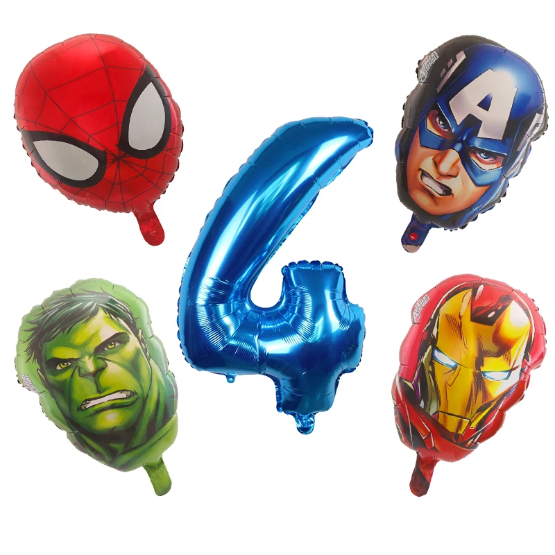 5Pcs Hero Foil Globos Spiderman Head Aluminum Foil Balloons Kids Birthday Party Decoration Baby Shower Iron Man Number Balloon