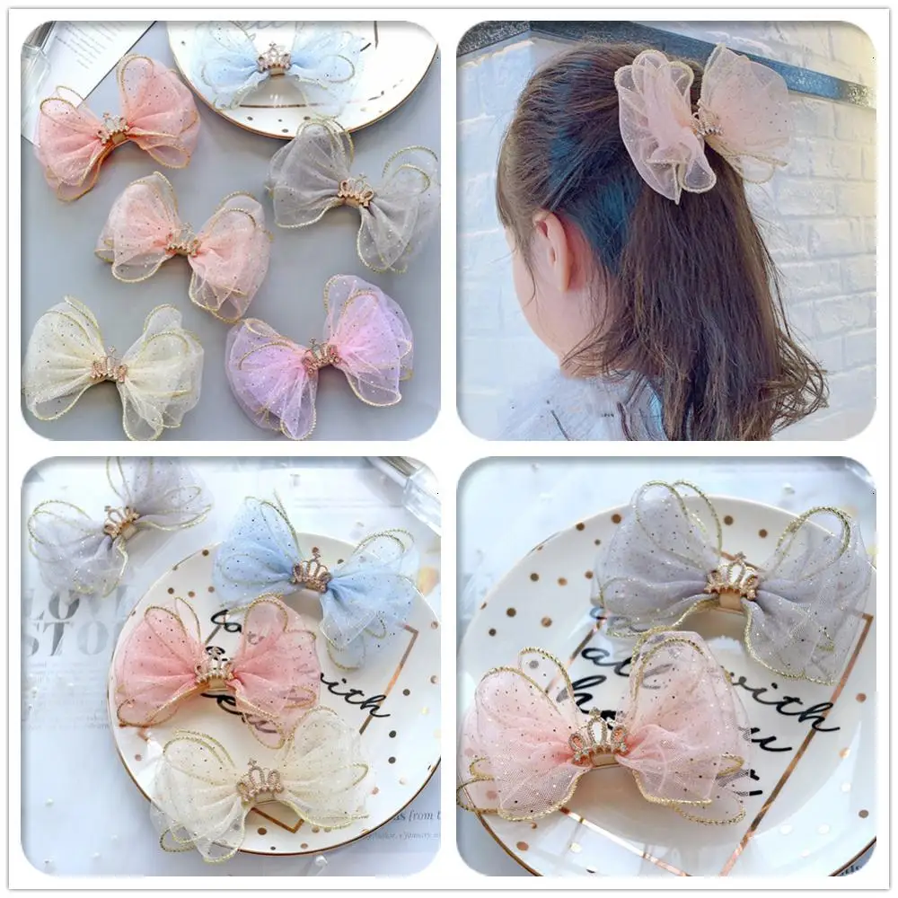 

Boutique 12pcs Fashion Tiaras Glitter Mesh Bow Hairpins Rhinestone Crown Bowknot Hair Clips Princess Headwear Hair Accessories