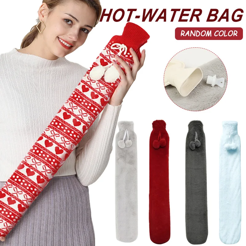 

1l Long Hot Water Bottles Bag Cute Soft Fabric Knitted Removable Cover Warming Waist Back Shoulder for Women Girls Hand Warmer