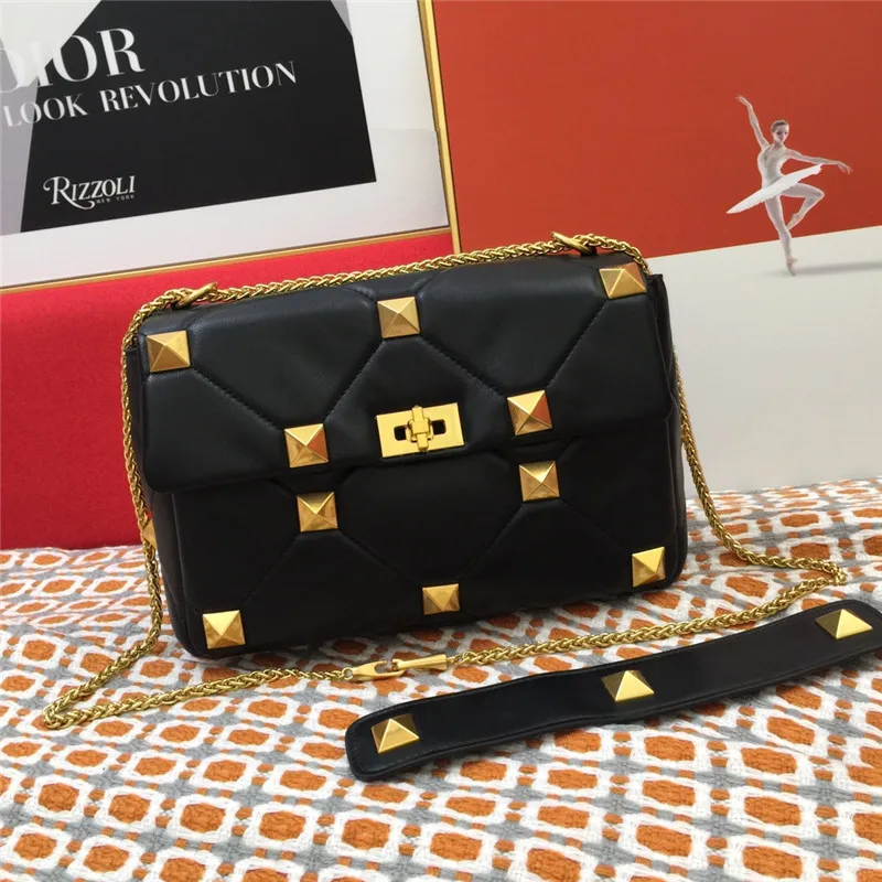 Small Luxury Designer Studs Handbags Women\'s Genuine Leather Shoulder Rivet Bags Fashion Flap Chain Portable Large-capacity Bags