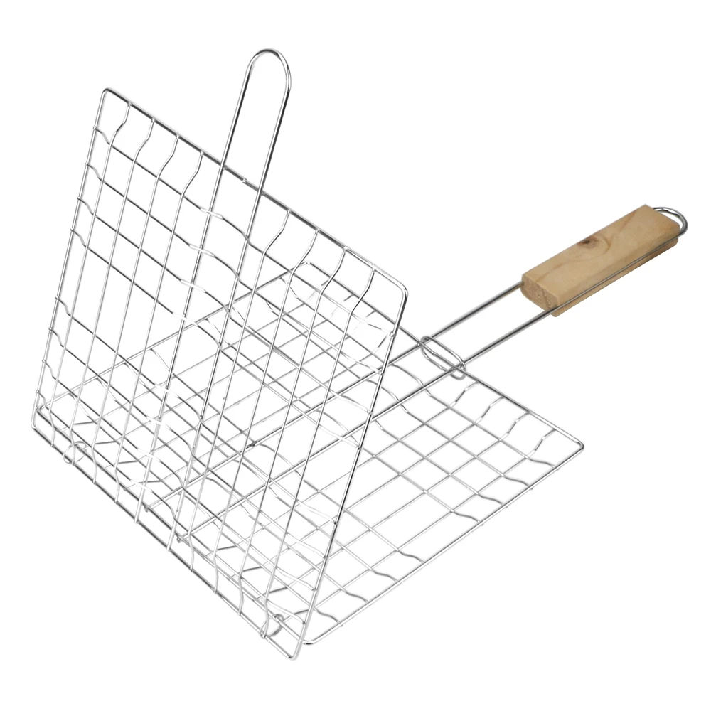Barbecue Grilling Reusable Meat Fish Clip Holder Wooden Handle Stainless Steel Grill Mesh Foldable BBQ Grill Mat Grilling Basket