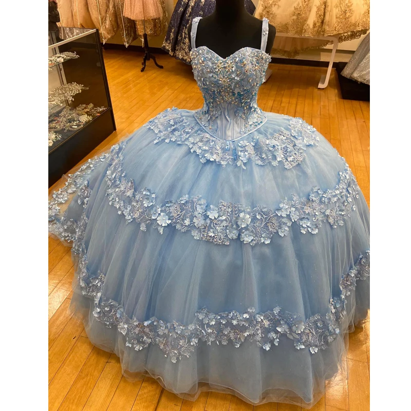 Vestidos De quinceañera azules con tirantes finos, apliques De flores en 3D, perlas De 16 años, Vestidos De fiesta De cumpleaños hinchados 2022