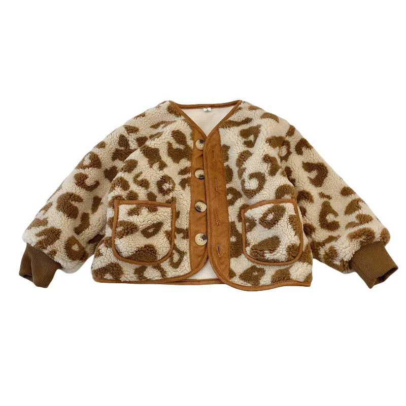 2-7Y Girls Jacket Leopard Print Fashion Lamb Cashmere Plus Velvet Thick Coat Jacket 21 Autumn Winter New Children\'s Clothing