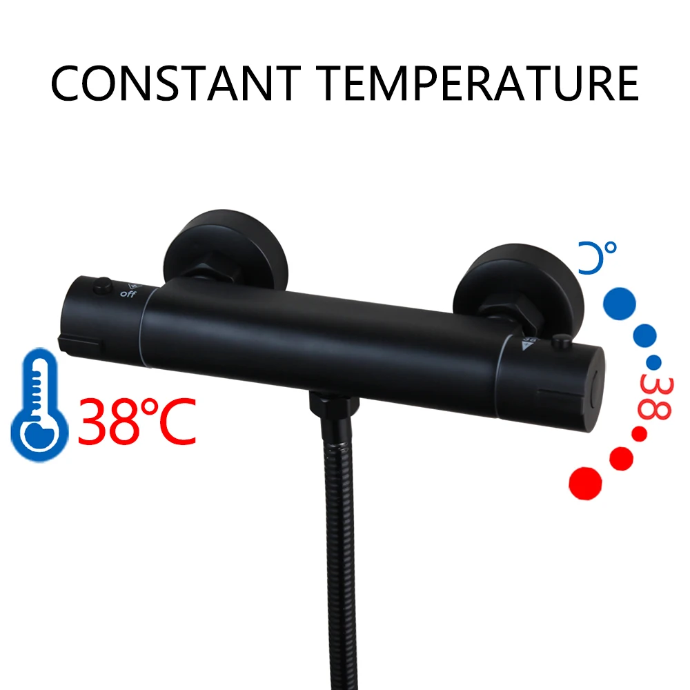 JIENI Bathroom Thermostatic Shower Set Matte Black W/ Rainfall Hand W/ Shower Held Wall Mounted Bathtub Shower Mixer Faucet Set