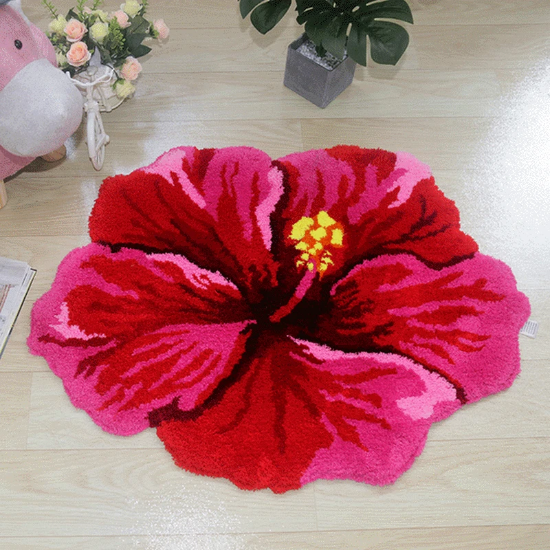 Hibiscus vermelho flor tufting tapete de banho do banheiro tapete antiderrapante 80x60cm quarto sala de estar flor shaggy tapete de chão tapete