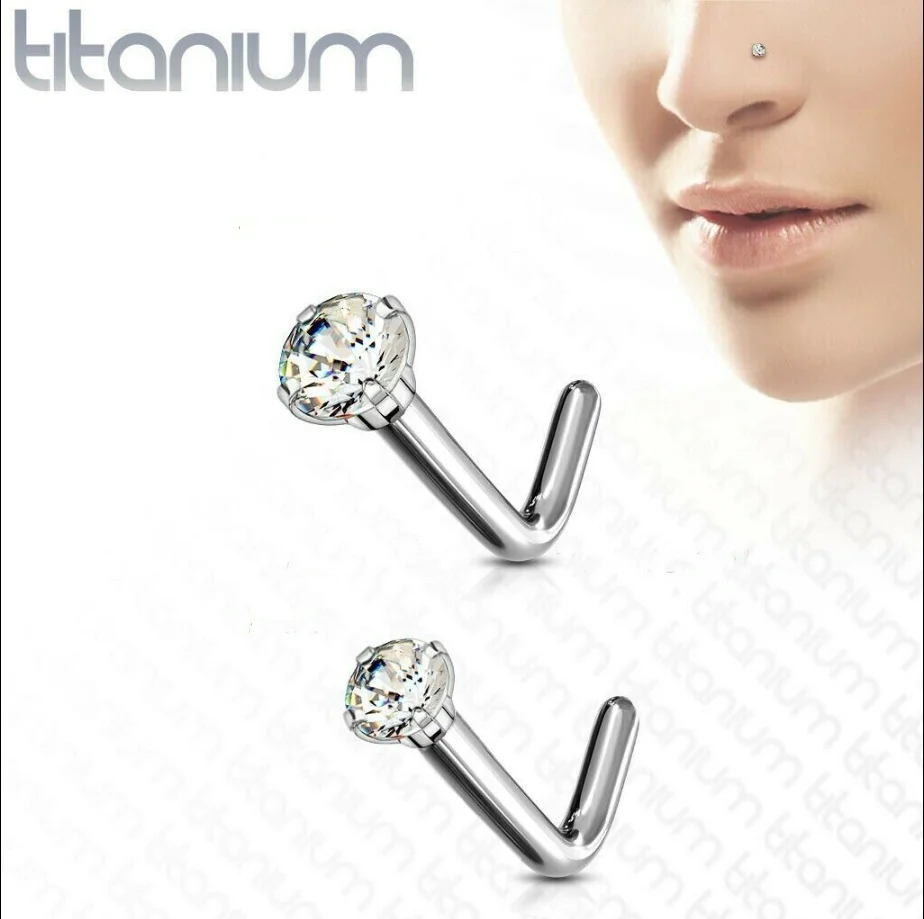 

Wholesale 50pcs/Lot 20G Popular Round CZ Nose Stud L Shape G23 Titanium Nose Ring Nose Piercing Body Piercing Jewelry