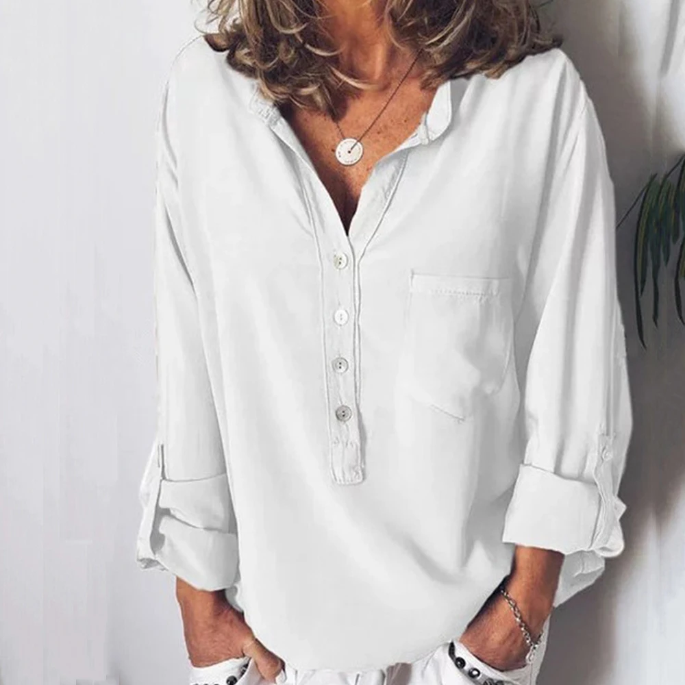 Camisas de manga larga para mujer, Tops y Blusas informales de color blanco con cuello en V, ropa de calle de talla grande, 2020