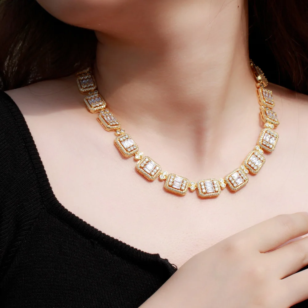 Pera Luxury Yellow Gold Color Round Chokers CZ Zircon Multiple Square Link Tennis Chain Necklaces for Women Costume Jewelry P028