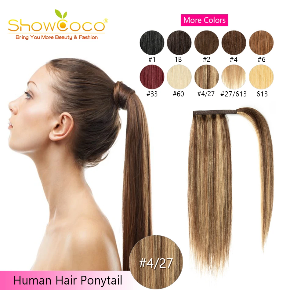 Showcoco Fashion Ponytail Clip in Human Hair Remy Wrap Around Extensions Silky 100% Human Hair Straight Hair 16