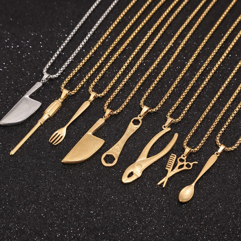 60cm Stainless Steel Western Knife Spoon Fork Pendant Necklace Punk Cutlery Necklaces Pendants Jewelry Gifts Gothic Bijoux Femme