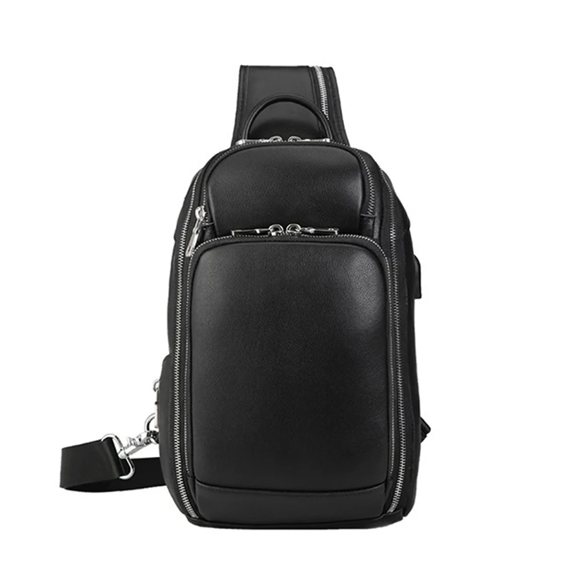 Classic Black Leather Chest Bag With USB Function 100% Genuine Leather Chest Packs USB Sling Bags For Men outdoor hiking