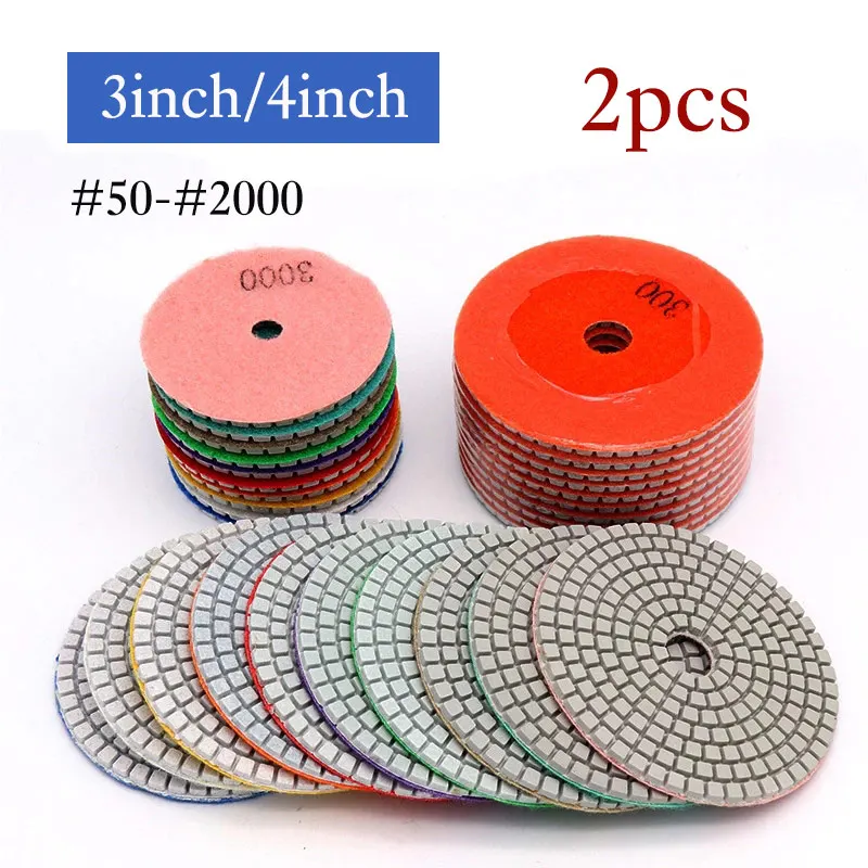 Almofada de polimento de diamante úmida e seca, discos flexíveis de moagem, pedra de mármore de granito, 2PCs, 3 em, 4 em