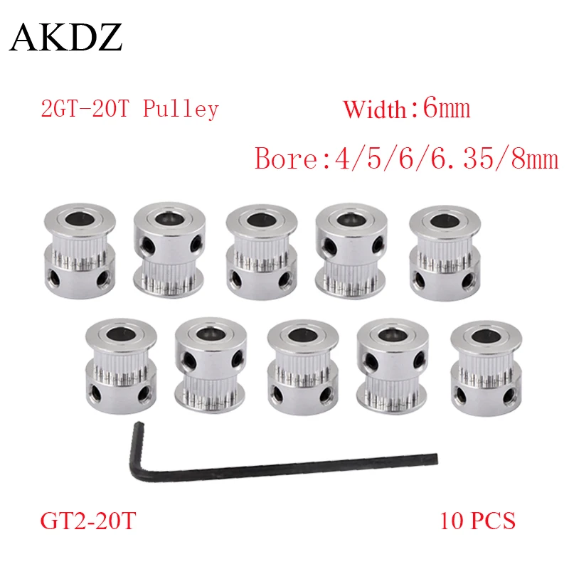 10PCS GT 20 Teeth 2GT 2M Timing Pulley Bore 4/5/6/6.35/8mm for 2MGT GT2 Synchronous Belt Width 6/10mm Small Backlash 20Teeth 20T