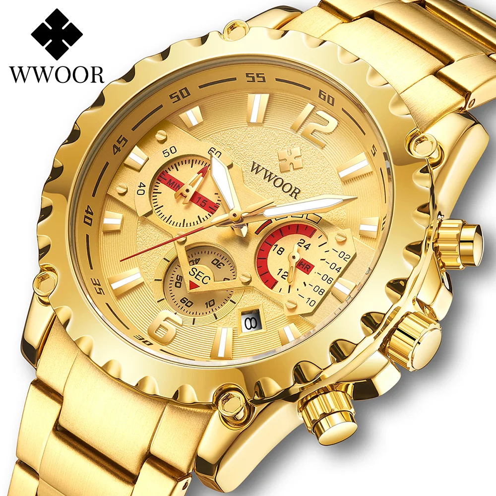 WWOOR Luxury Gold Full Steel Watch Men 2024 Sport Chronograph Quartz Wrist Watches For Men Military Waterproof Relogio Masculino