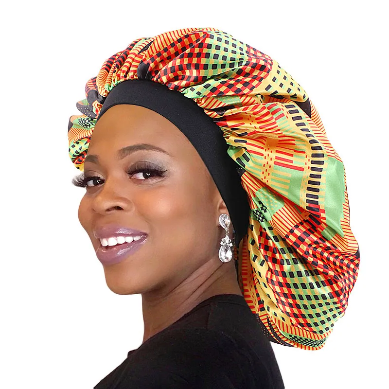 Gorro de dormir de satén con patrón africano para mujer, banda elástica, envoltura para la cabeza, gorro de noche Extra grande, turbante, sombrero de quimio, suministros