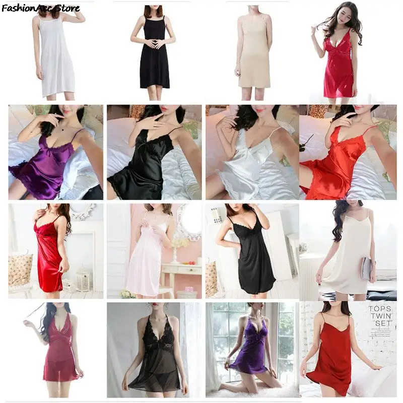 เซ็กซี่ Nightdress Deep V ลูกไม้ชุดนอนชุดชั้นในสตรีผ้าไหมซาติน Nightie Nightgown แขนกุดสลิงชุดนอนชุด