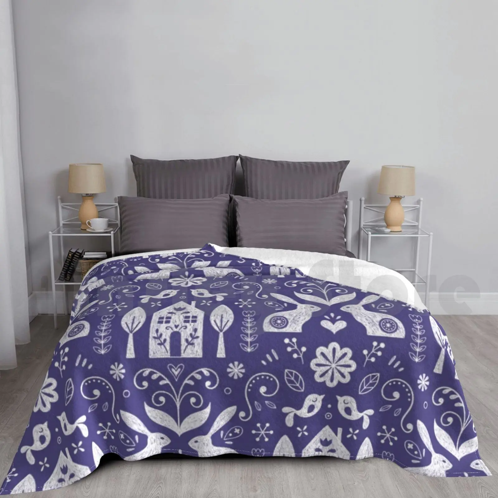 

Scandinavian Folk ( Delft Blue ) Blanket For Sofa Bed Travel Pattern Rabbit House Home Trees Flowers Symmetry