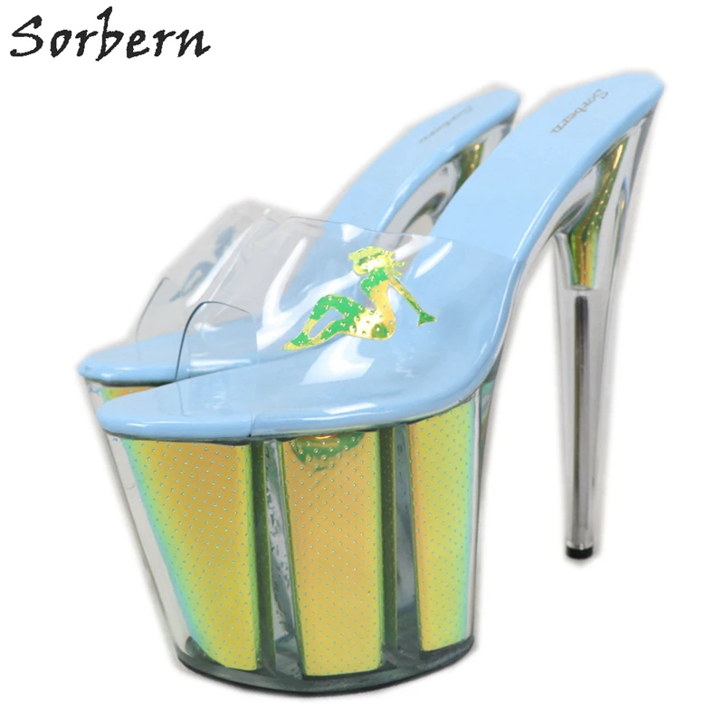 

Sorbern Custom Color Women Sandals 8 Inch High Heel Transparent Sexy Lady Pvc Slip On Mules Open Toe Holographic Perspex Heels