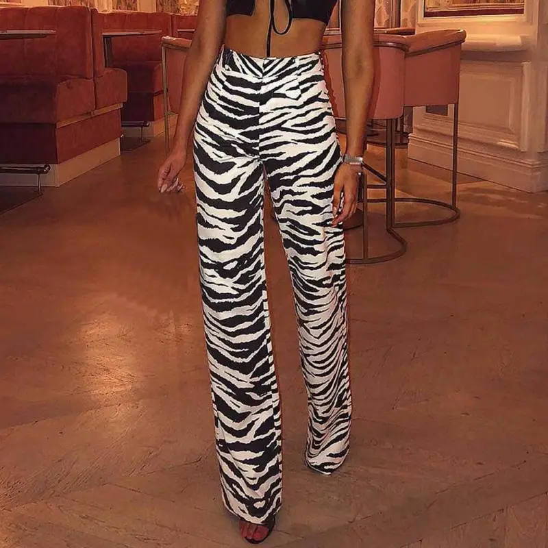 Laipelar Fashion Zebra Hewan Cetak Lebar Kaki Celana Wanita Musim Gugur Musim Dingin Kasual Celana Seksi High Waist Bell Bawah Celana