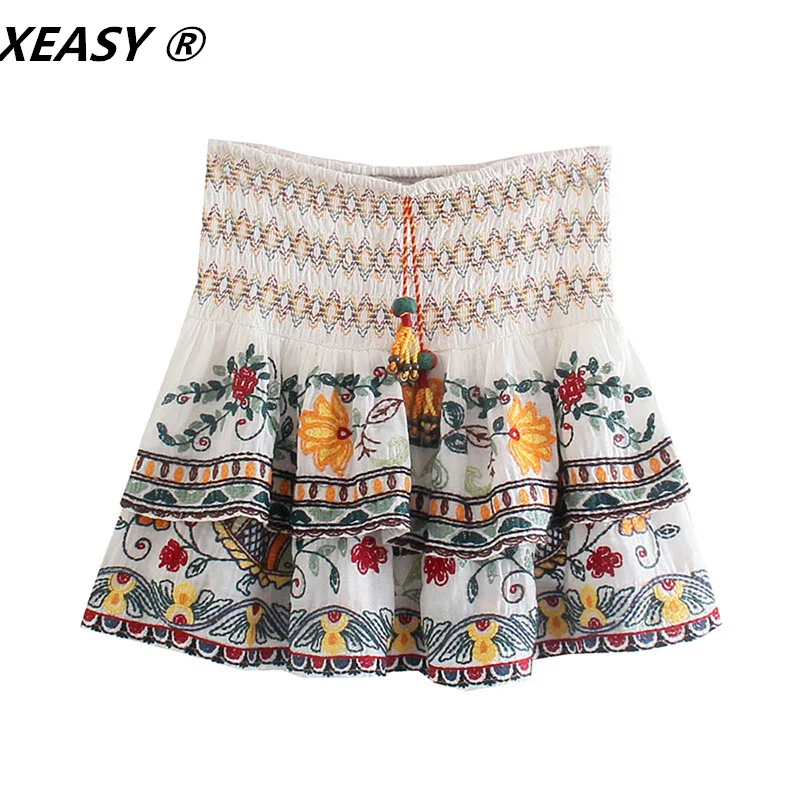 XEASY-conjunto Vintage de 2 piezas para mujer, camisa bordada con manga de murciélago y flores, de cintura alta minifalda, trajes dulces, 2021