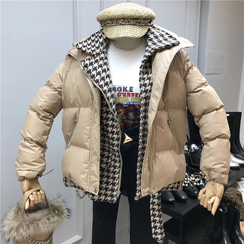 2022 Winter Jacket Women Coat Plaid Splicing Fake Two Pieces Down Cotton Padded Jacket Female Parka Coat Loose Outwear MY278