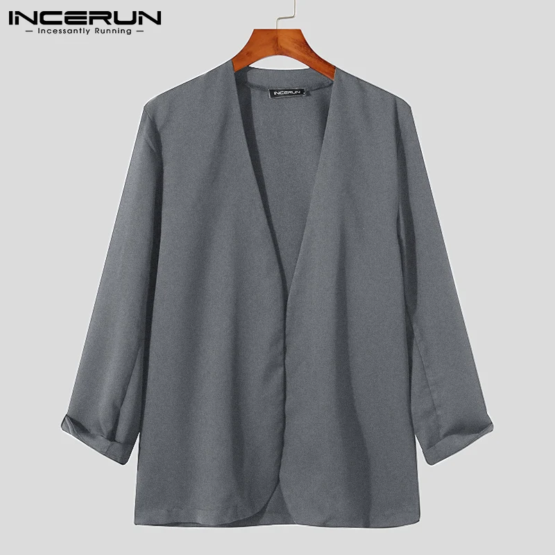 INCERUN 2024 Men Shirt Solid Color V Neck Open Stitch Long Sleeve Casual Men Clothing Streetwear Fashion Leisure Outerwear S-5XL