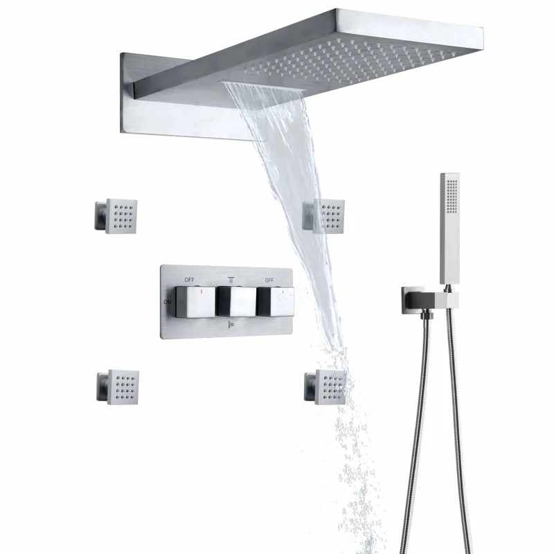 Hot And Cold Brushed Nickel Rainfall Shower  System 20X10 Inch Top-end Bathroom Waterfall Rainfall Massage Shower