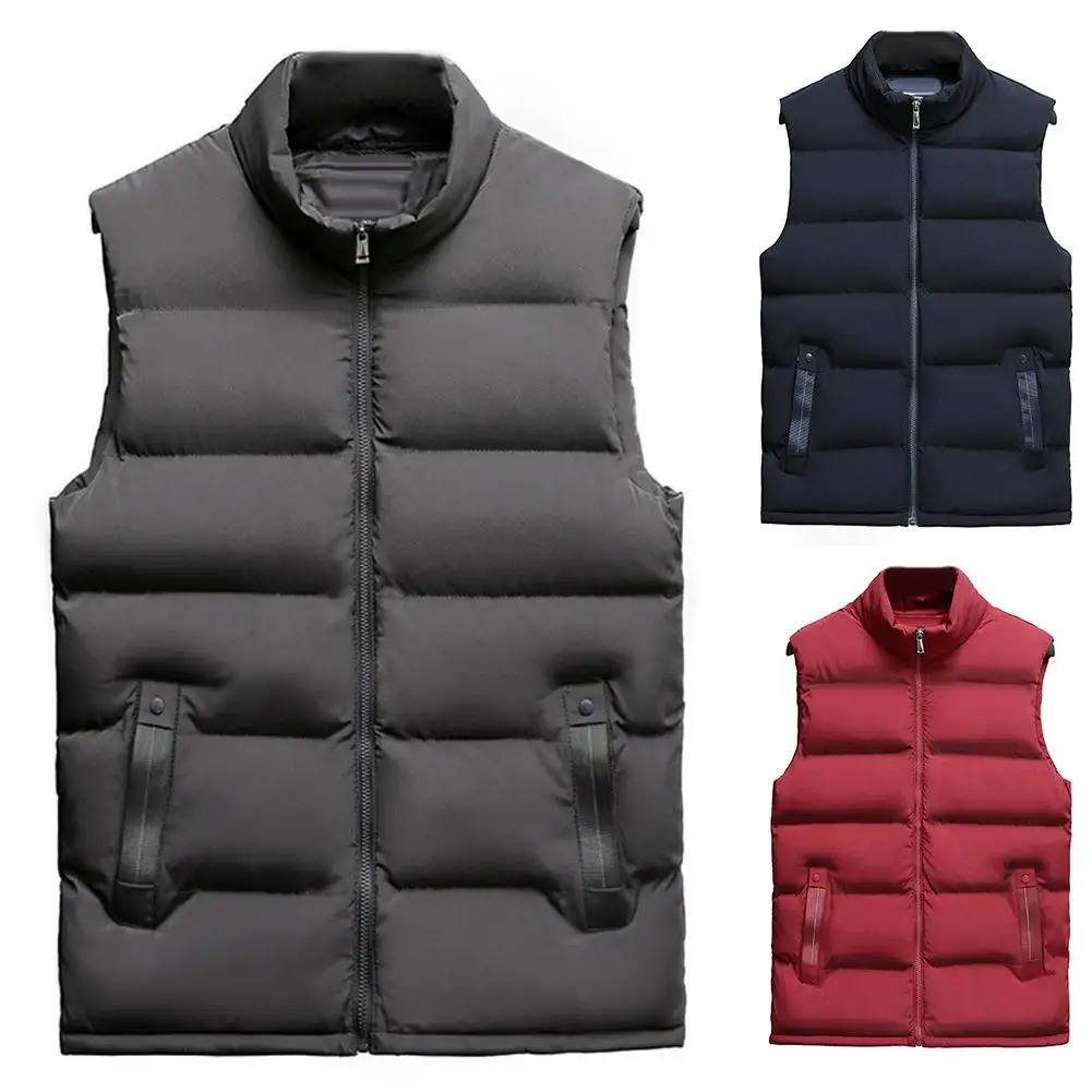 

Casual Men Winter Stand Collar Pocket Zipper Vest Thick Warm Waistcoat sleeveless Vest men cotton Thick jacket