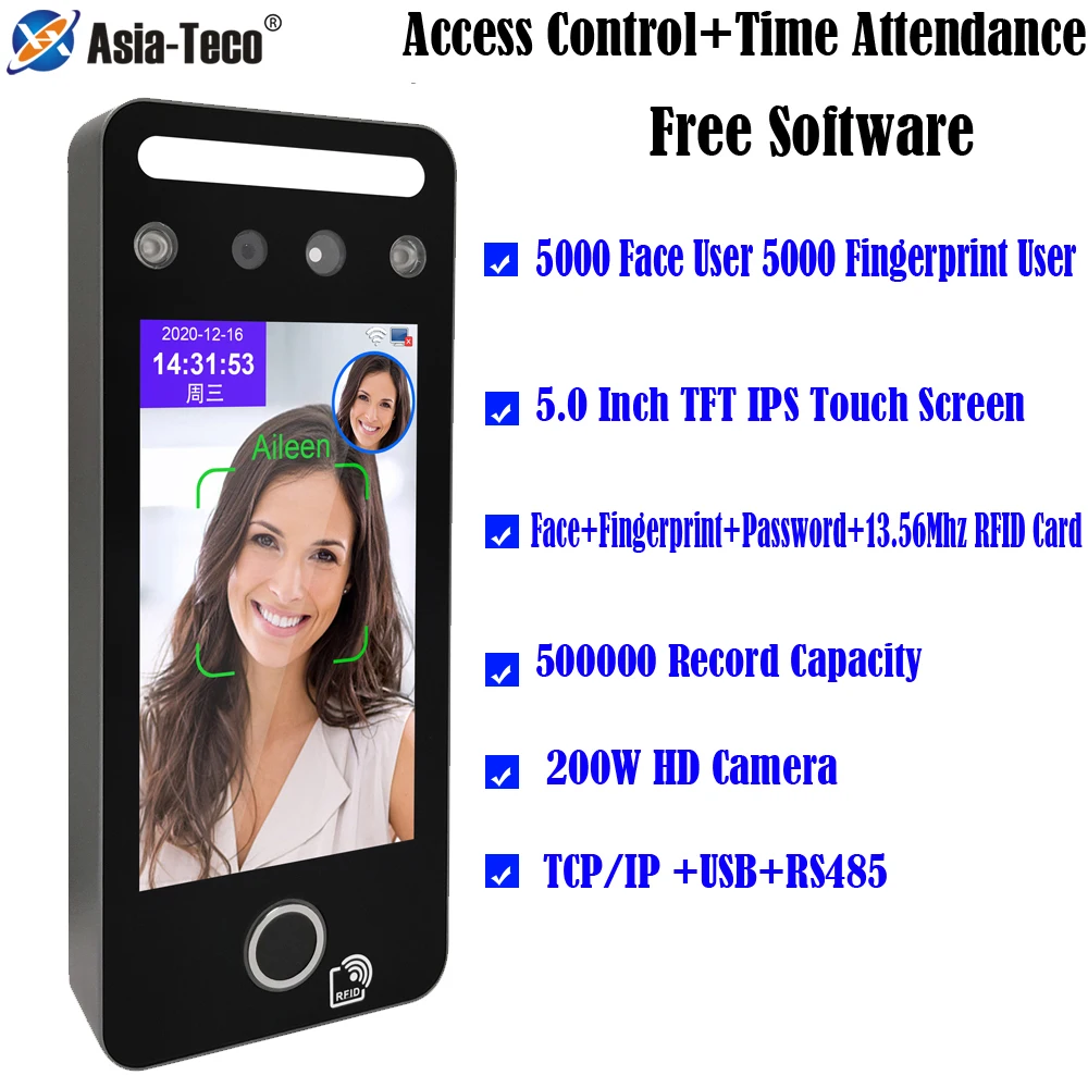 

5 inch Touch Screen TCP/IP USB QR code Dynamic Face Recognition Access Control Fingerprint Employee Time Attendance 5000 user