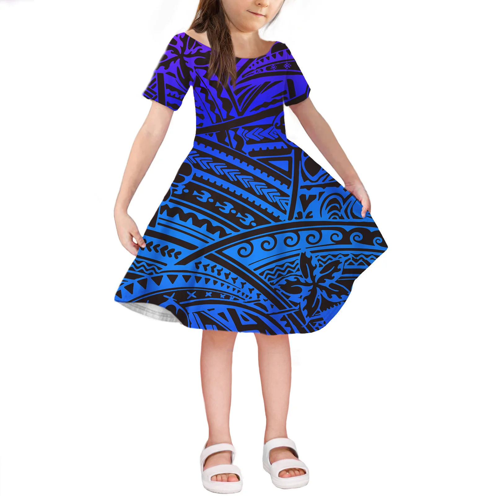 

1 MOQ Girls Cotton Dress Samoan Tribal Design Print Kids Clothes Size 4-14 Hot sale Summer Girl Short Sleeve Dress