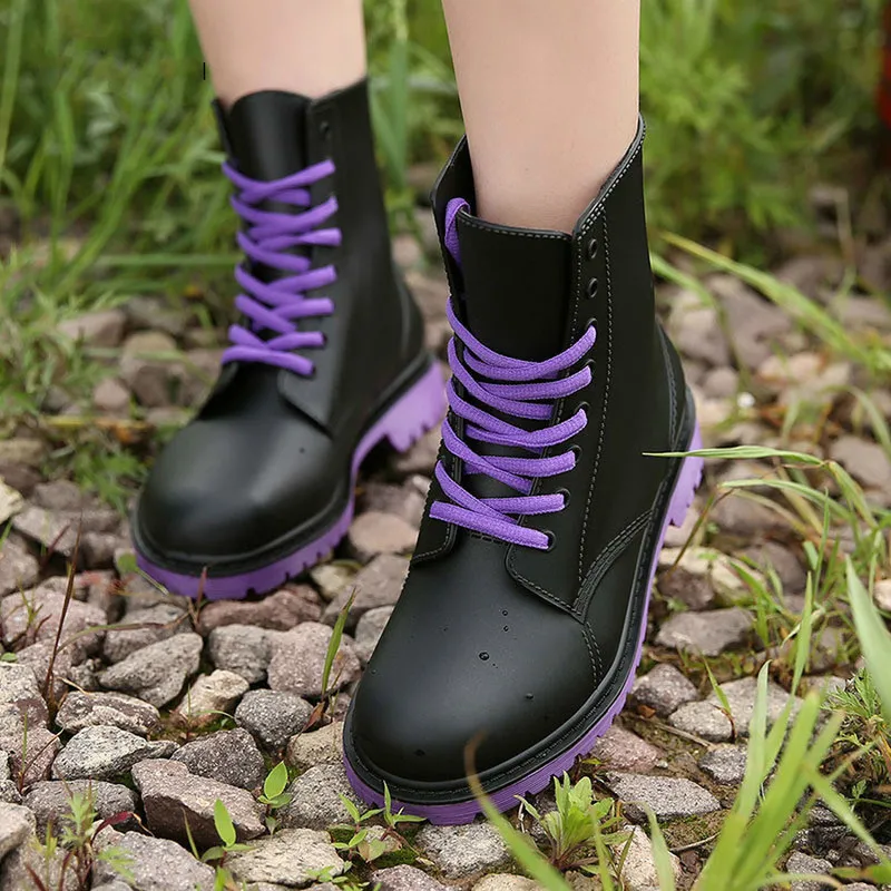 Women\'s Rainboots Waterproof Rain Shoes Platform Woman Mud Water Shoes Rubber Lace Up PVC Ankle Boots Sewing Rain Boots