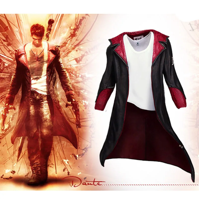 DMC Dante Cosplay Costume Leather Trench Long  Jacket With Sleeveless Sweater Vest for Women Men Halloween Party Costume