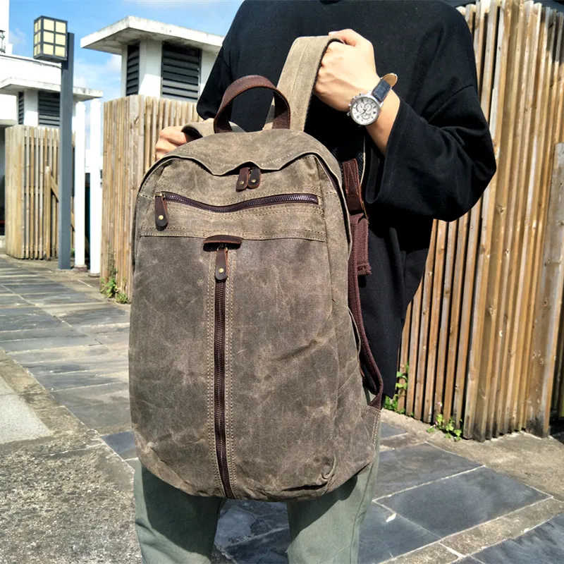 Waxed canvas backpack retro laptop bags men outdoor hiking rucksack waterproof travel backpack