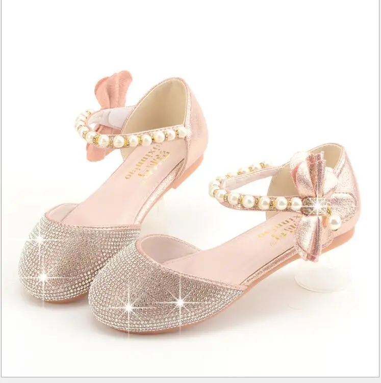 Girls Wedding Shoes Glitter Flat Heels Children Princess Sandals Dance Kids Fashion Party Shoes with Pearl Girls' leather shoes