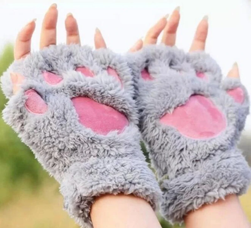 New Women Cute Cat Claw Paw Plush Mittens Warm Soft Plush Short Fingerless Fluffy Bear Cat Gloves Costume Half Finger Party Gift