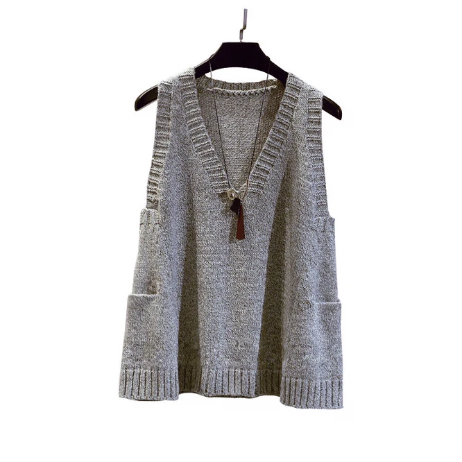 Pocket V-Neck Sleeveless Khaki Sweater Vest Knit Top Oversized Women Winter Autumn Cute clothes Korean Style Gothic Gray