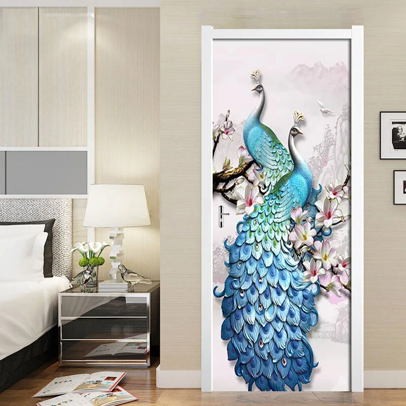 

3D Relief Blue Peacock Magnolia Door Stickers Wallpaper Bedroom Living Room Door Decor Mural PVC Self-adhesive Waterproof Decals