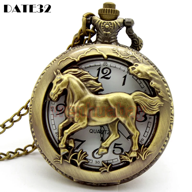 Dier Paard Zakhorloge Brons Hollow Case Mannen Hanger Ketting Ketting Klok Voor Mannen Vrouwen Kids Mannelijke Collectie Reloj Groothandel