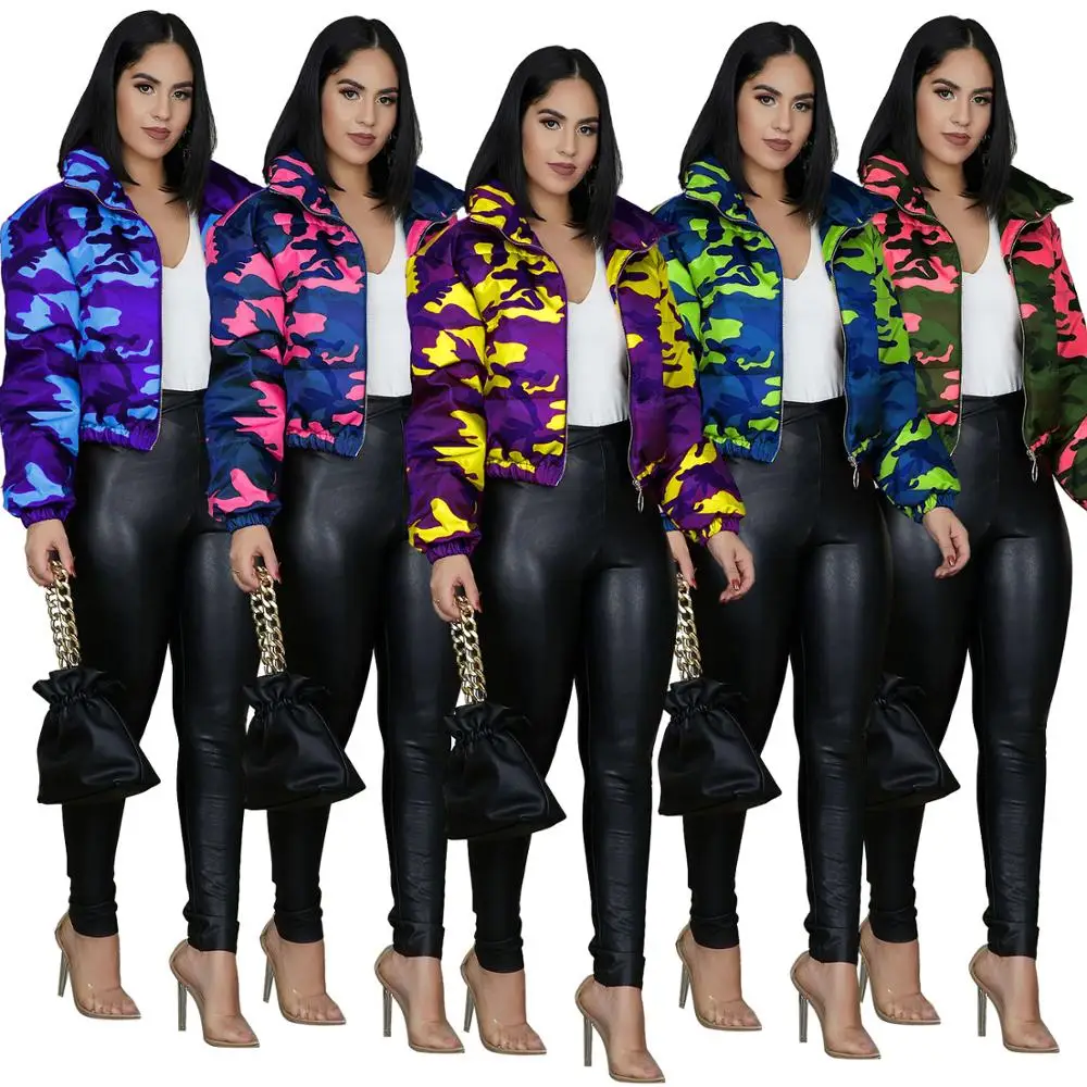 2022 Winter Frauen Kurze Parkas Hohe Kragen Voll Sleeve Zipper Camouflage Print Mantel High Street Äußere Nacht Club Jacke Tops